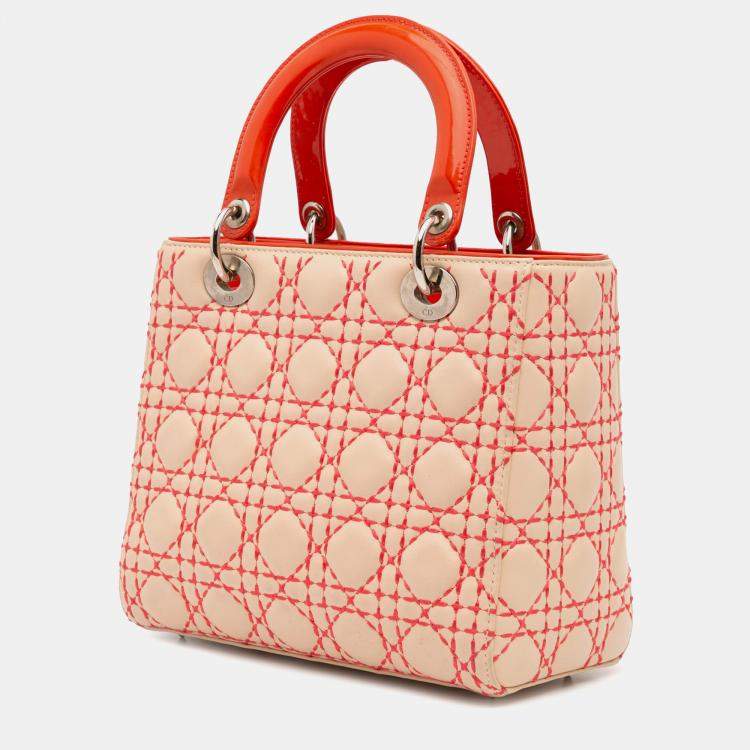 Pre Owned Dior Beige/Orange Medium Lambskin Cannage Stitched Lady Dior