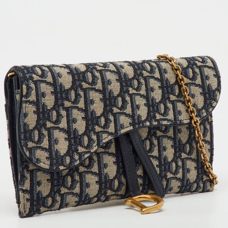 Pre Owned Dior Navy Blue Oblique Canvas and Leather Saddle Wallet On Chain