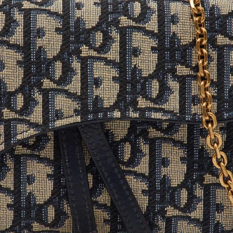 Pre Owned Dior Navy Blue Oblique Canvas and Leather Saddle Wallet On Chain