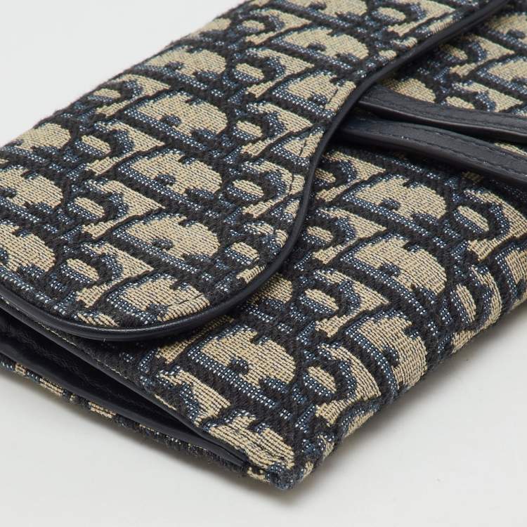 Pre Owned Dior Navy Blue Oblique Canvas and Leather Saddle Wallet On Chain