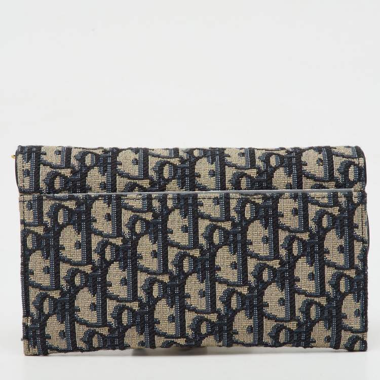 Pre Owned Dior Navy Blue Oblique Canvas and Leather Saddle Wallet On Chain