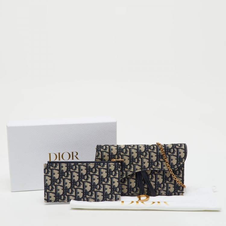 Pre Owned Dior Navy Blue Oblique Canvas and Leather Saddle Wallet On Chain