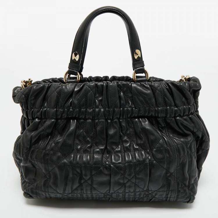 Pre Owned Dior Black Quilted Cannage Leather Delices Gaufre Tote