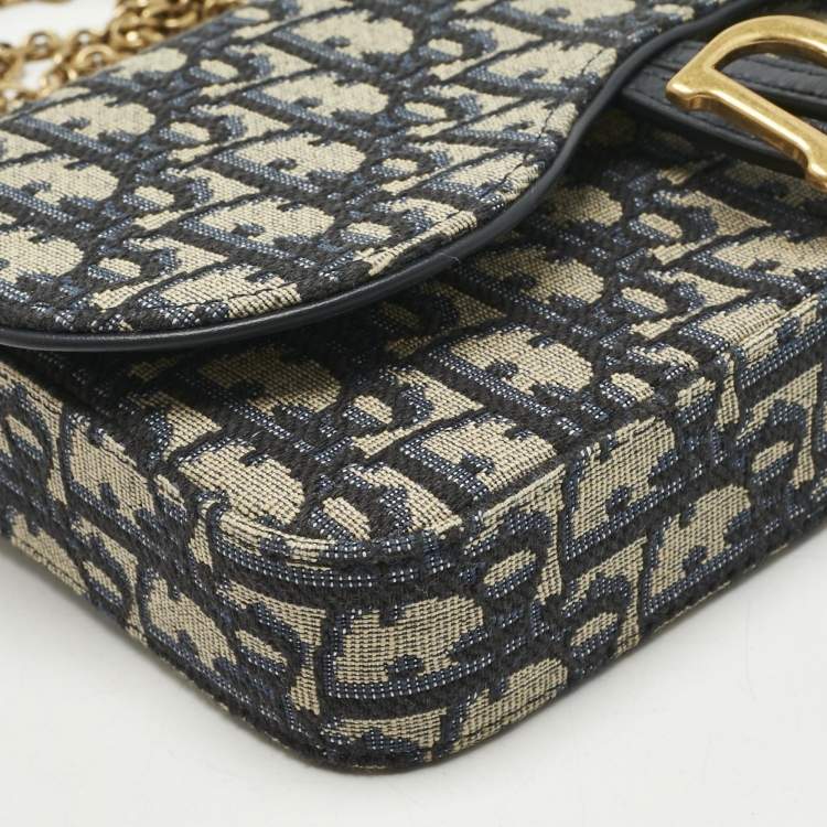 Pre Owned Dior Navy Blue/Beige Oblique Canvas Medium Saddle Chain Pouch