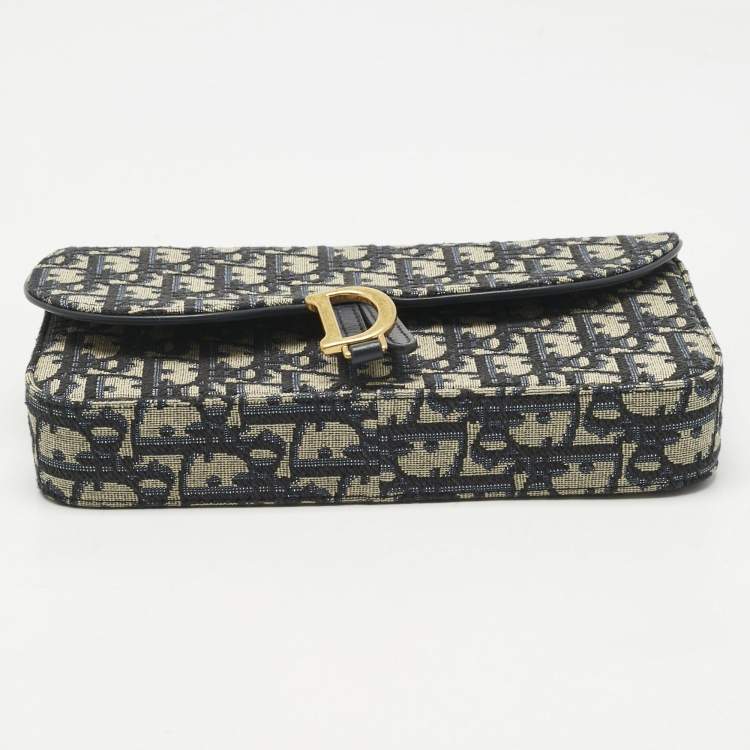 Pre Owned Dior Navy Blue/Beige Oblique Canvas Medium Saddle Chain Pouch