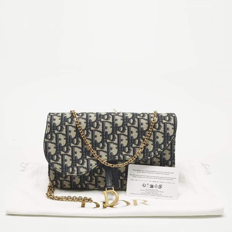 Pre Owned Dior Navy Blue/Beige Oblique Canvas Medium Saddle Chain Pouch