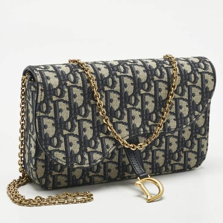 Pre Owned Dior Navy Blue/Beige Oblique Canvas Medium Saddle Chain Pouch