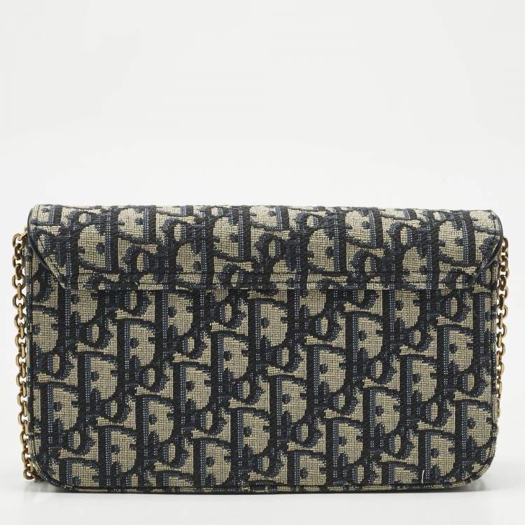 Pre Owned Dior Navy Blue/Beige Oblique Canvas Medium Saddle Chain Pouch
