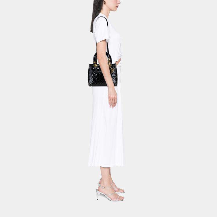 Pre Owned Dior Black Medium Patent Cannage Lady Dior