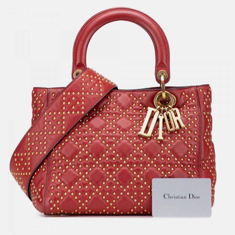 Pre Owned Dior Red Medium Lambskin Cannage Studded Supple Lady Dior