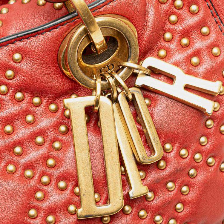 Pre Owned Dior Red Medium Lambskin Cannage Studded Supple Lady Dior