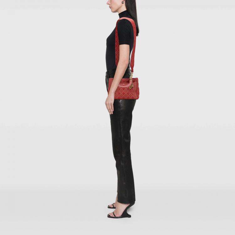 Pre Owned Dior Red Medium Lambskin Cannage Studded Supple Lady Dior