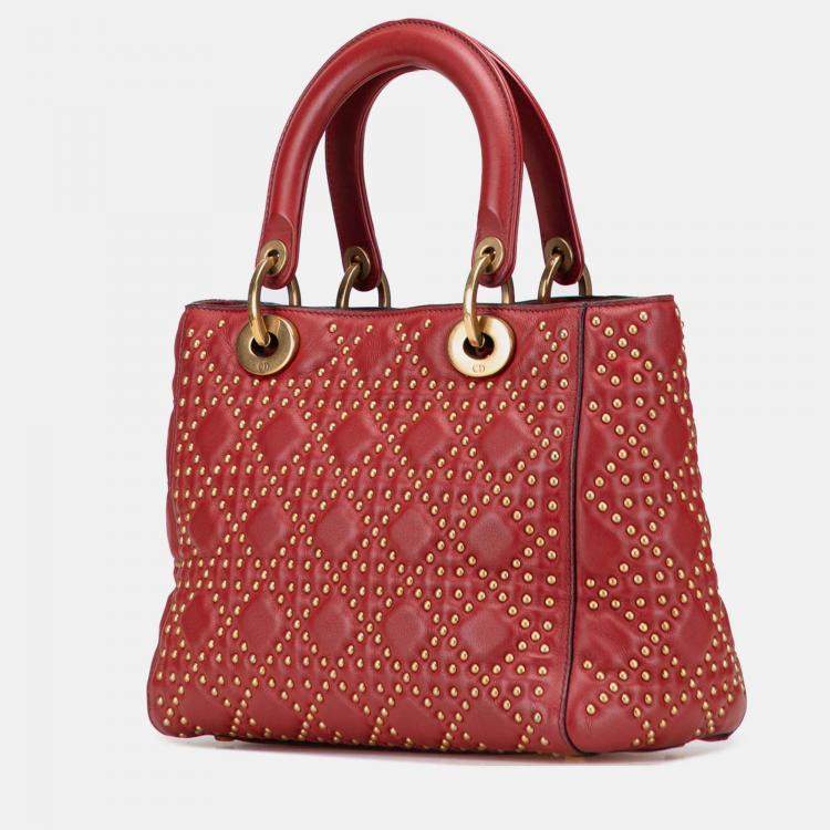 Pre Owned Dior Red Medium Lambskin Cannage Studded Supple Lady Dior