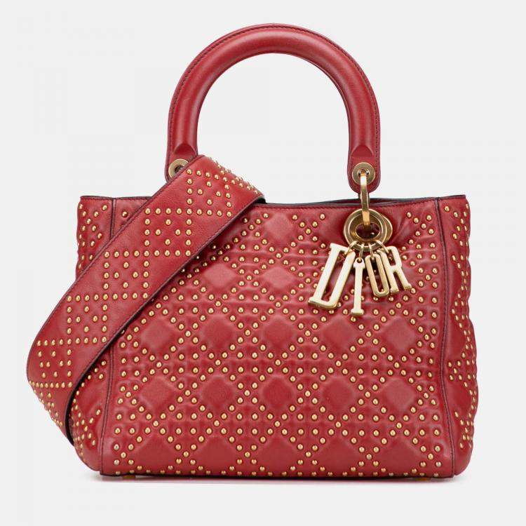 Pre Owned Dior Red Medium Lambskin Cannage Studded Supple Lady Dior