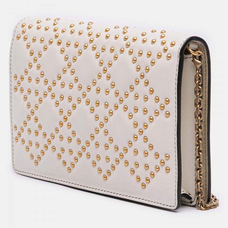 Pre Owned Dior Cream Studded Calfskin Cannage Lady Dior Wallet on Chain