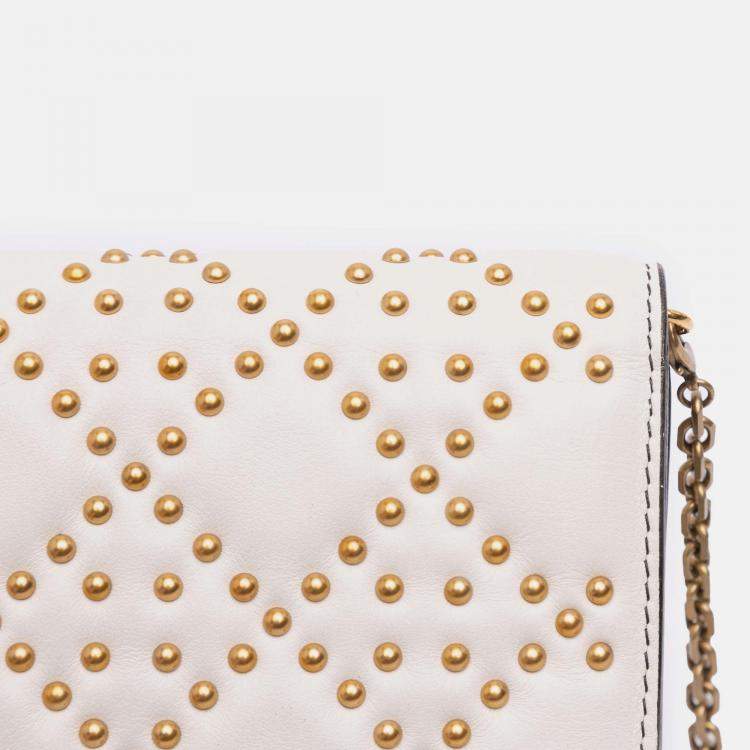 Pre Owned Dior Cream Studded Calfskin Cannage Lady Dior Wallet on Chain