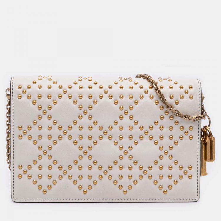 Pre Owned Dior Cream Studded Calfskin Cannage Lady Dior Wallet on Chain
