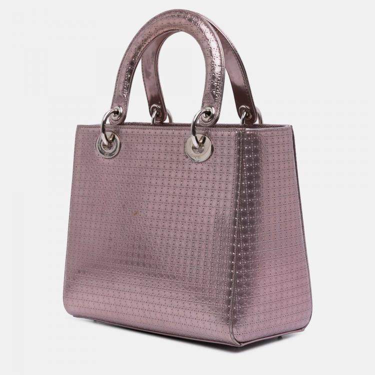 Pre Owned Dior Pink Medium Metallic Patent Microcannage Lady Dior