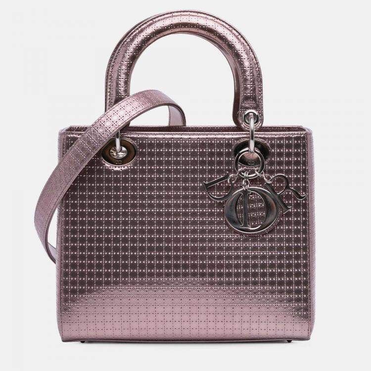 Pre Owned Dior Pink Medium Metallic Patent Microcannage Lady Dior