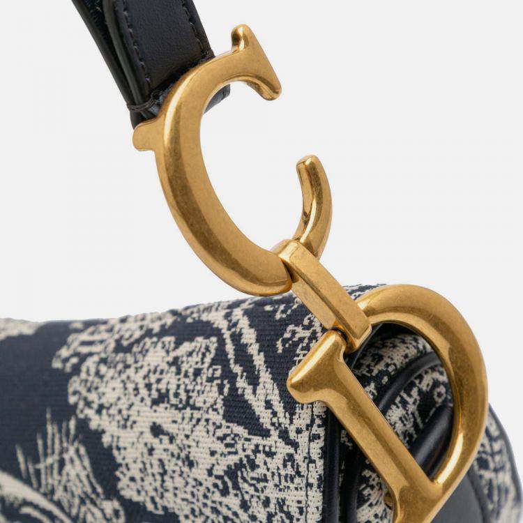 Pre Owned Dior Navy Blue Canvas Reverse Embroidered Toile De Jouy Saddle Bag