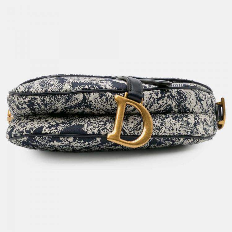 Pre Owned Dior Navy Blue Canvas Reverse Embroidered Toile De Jouy Saddle Bag