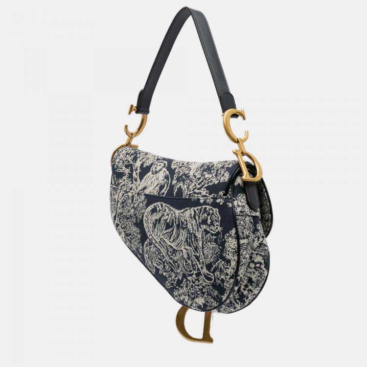 Pre Owned Dior Navy Blue Canvas Reverse Embroidered Toile De Jouy Saddle Bag