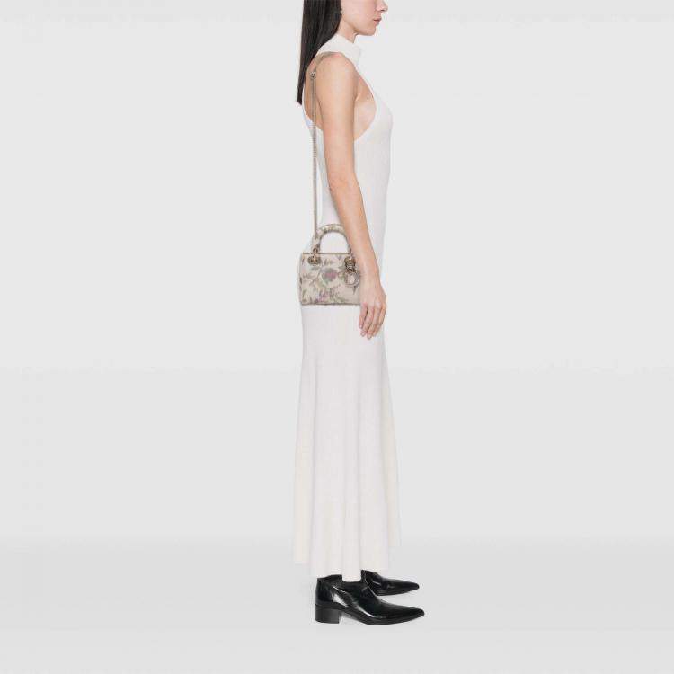 Pre Owned Dior White Mini Satin Floral Crystal Lady Dior