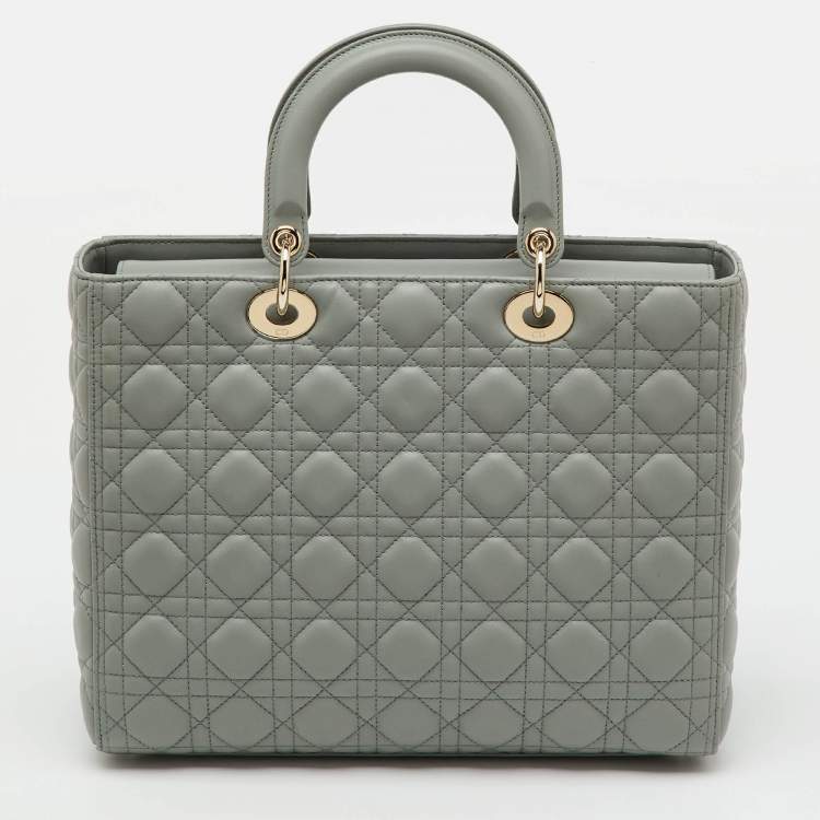 Pre Owned Dior Light Grey Cannage Leather Large Lady Dior Tote