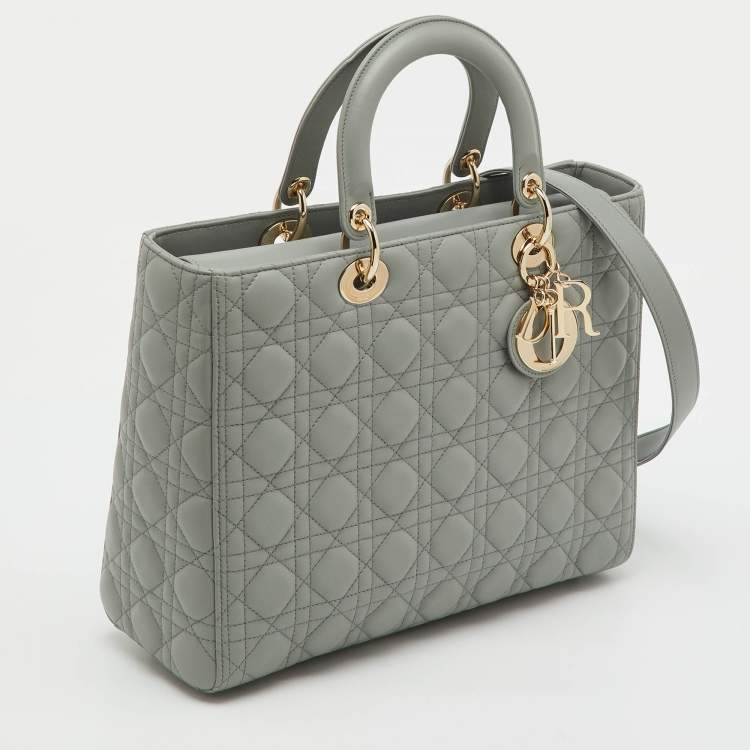 Pre Owned Dior Light Grey Cannage Leather Large Lady Dior Tote