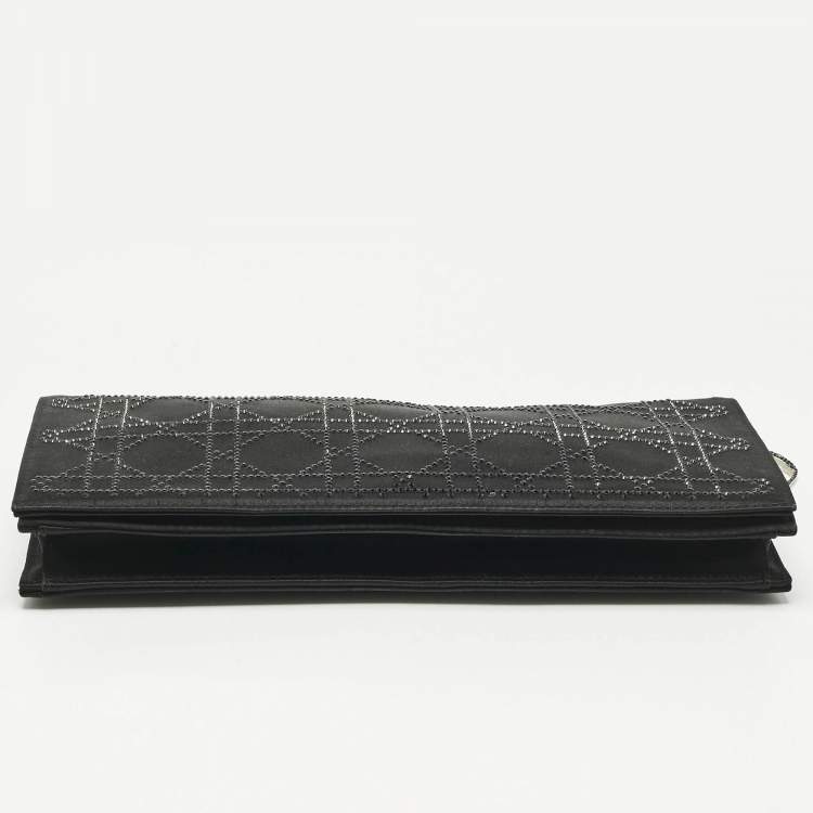 Pre Owned Dior Black Cannage Satin Crystals Lady Dior Chain Clutch