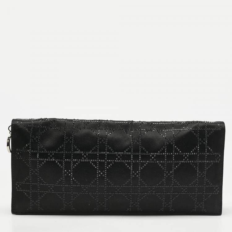 Pre Owned Dior Black Cannage Satin Crystals Lady Dior Chain Clutch