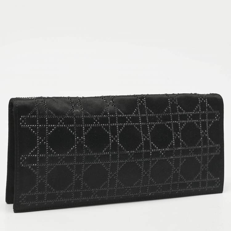 Pre Owned Dior Black Cannage Satin Crystals Lady Dior Chain Clutch