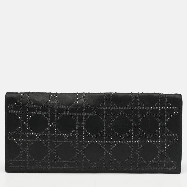 Pre Owned Dior Black Cannage Satin Crystals Lady Dior Chain Clutch