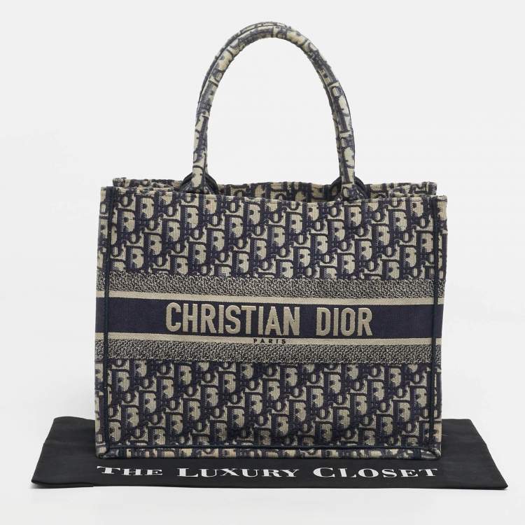 Pre Owned Dior Navy Blue Oblique Embroidered Canvas Small Book Tote 