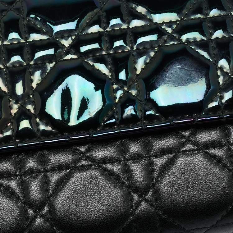 Pre Owned Dior Black Iridescent Cannage Patent and Leather Lady Dior Chain Flap Wallet