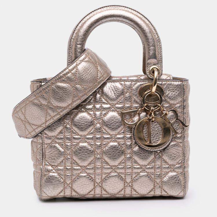 Pre Owned Dior Gold Small Metallic Grained Calfskin Cannage Supple Lady Dior