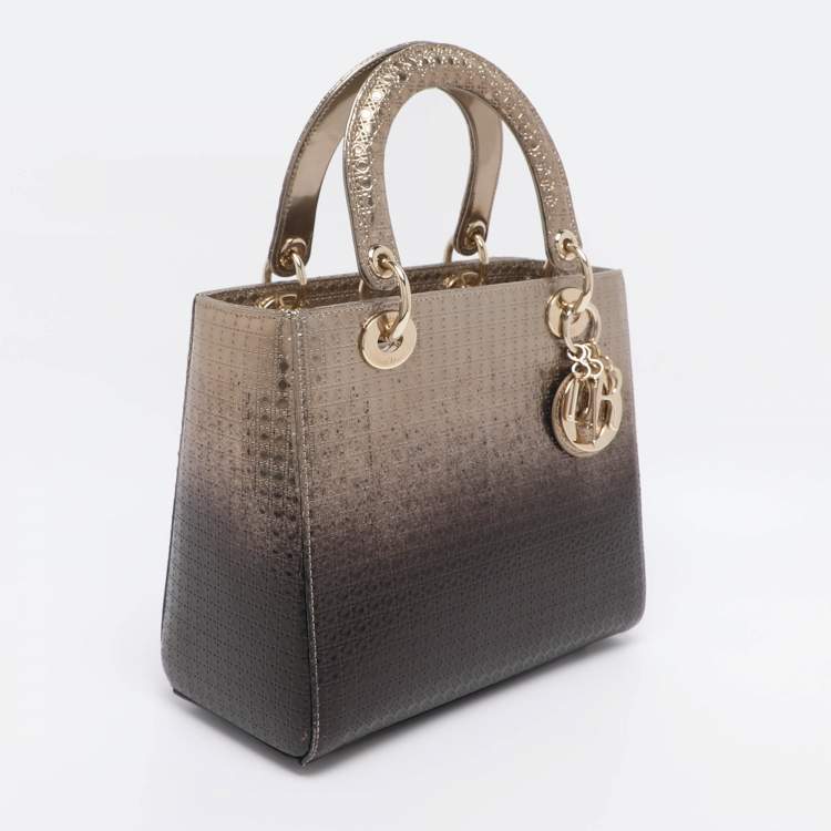 Pre Owned Dior Ombre Gold Microcannage Patent Leather Medium Lady Dior Tote 