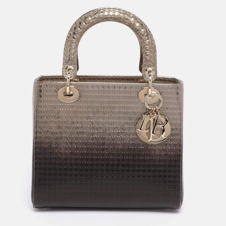 Pre Owned Dior Ombre Gold Microcannage Patent Leather Medium Lady Dior Tote 