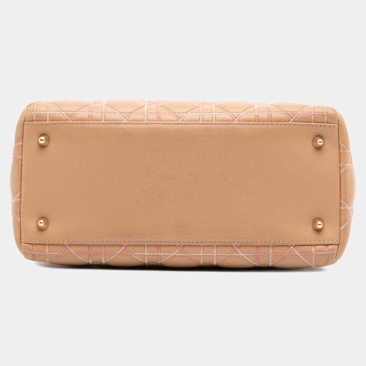Pre Owned Dior Beige Medium Lambskin Cannage Contrast Stitch Lady Dior