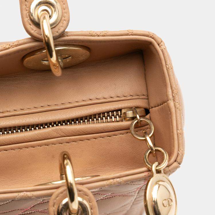 Pre Owned Dior Beige Medium Lambskin Cannage Contrast Stitch Lady Dior