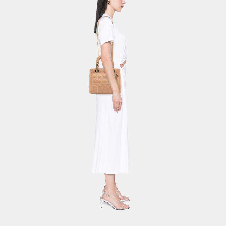 Pre Owned Dior Beige Medium Lambskin Cannage Contrast Stitch Lady Dior