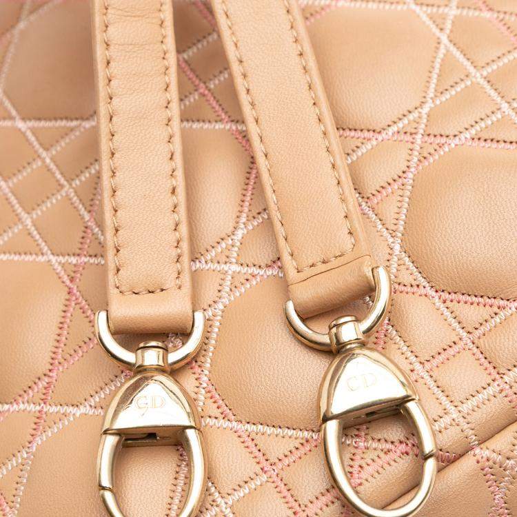 Pre Owned Dior Beige Medium Lambskin Cannage Contrast Stitch Lady Dior