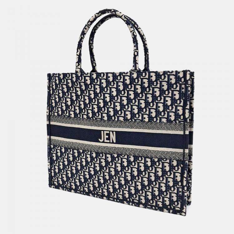 Pre Owned Dior Beige/Navy Blue Fabric Oblique Book Tote