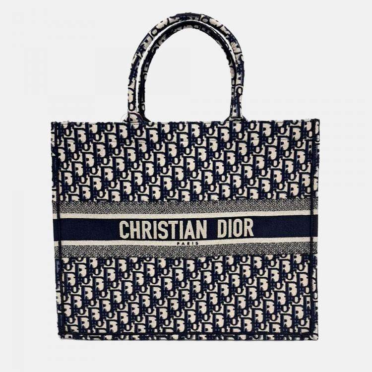 Pre Owned Dior Beige/Navy Blue Fabric Oblique Book Tote