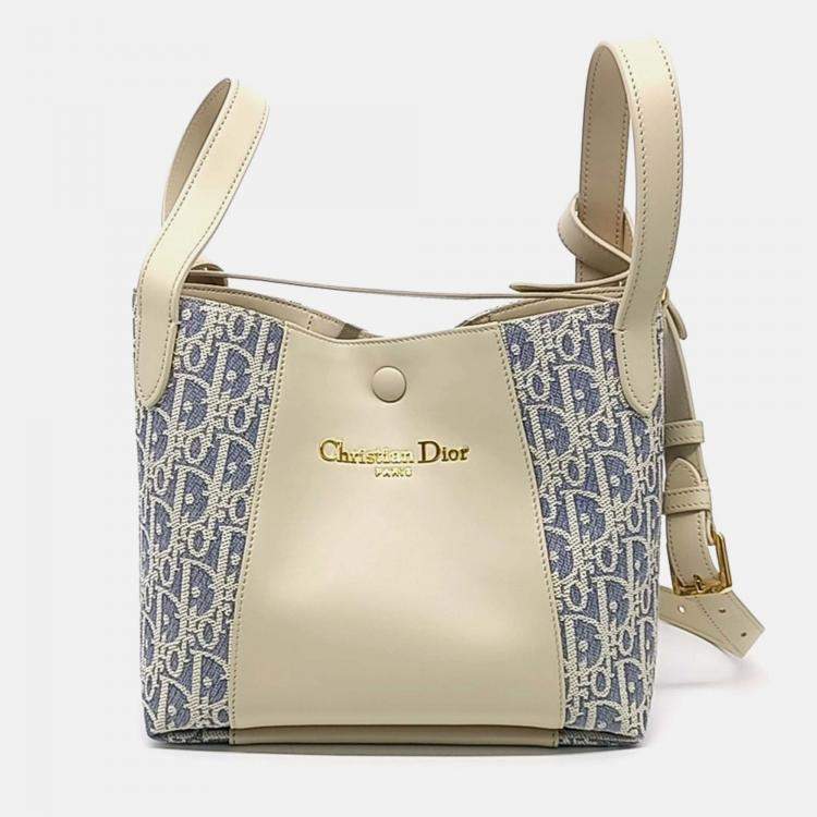 Pre Owned Dior Beige/Blue Calf Leather Cotton Signature Bucket Bag