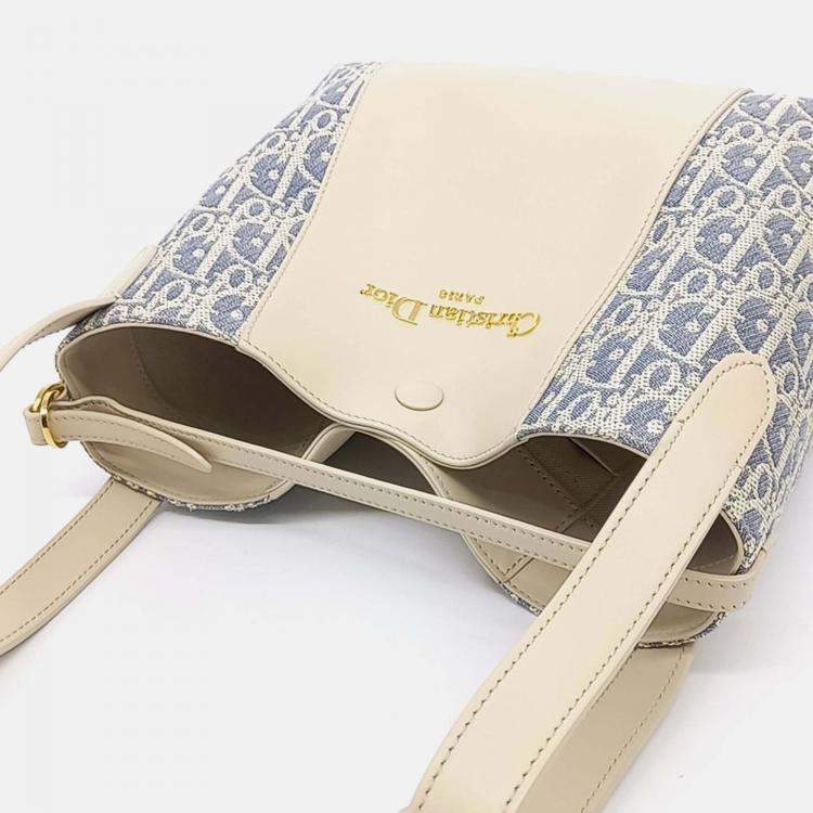 Pre Owned Dior Beige/Blue Calf Leather Cotton Signature Bucket Bag