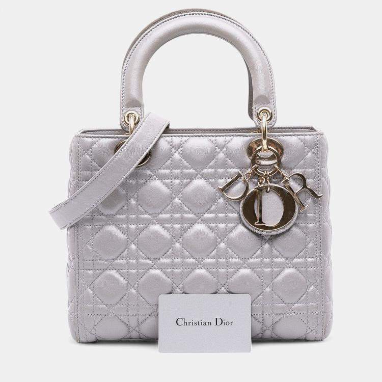Pre Owned Dior Grey Medium Pearlescent Lambskin Cannage Lady Dior