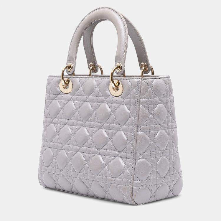 Pre Owned Dior Grey Medium Pearlescent Lambskin Cannage Lady Dior