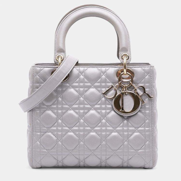 Pre Owned Dior Grey Medium Pearlescent Lambskin Cannage Lady Dior