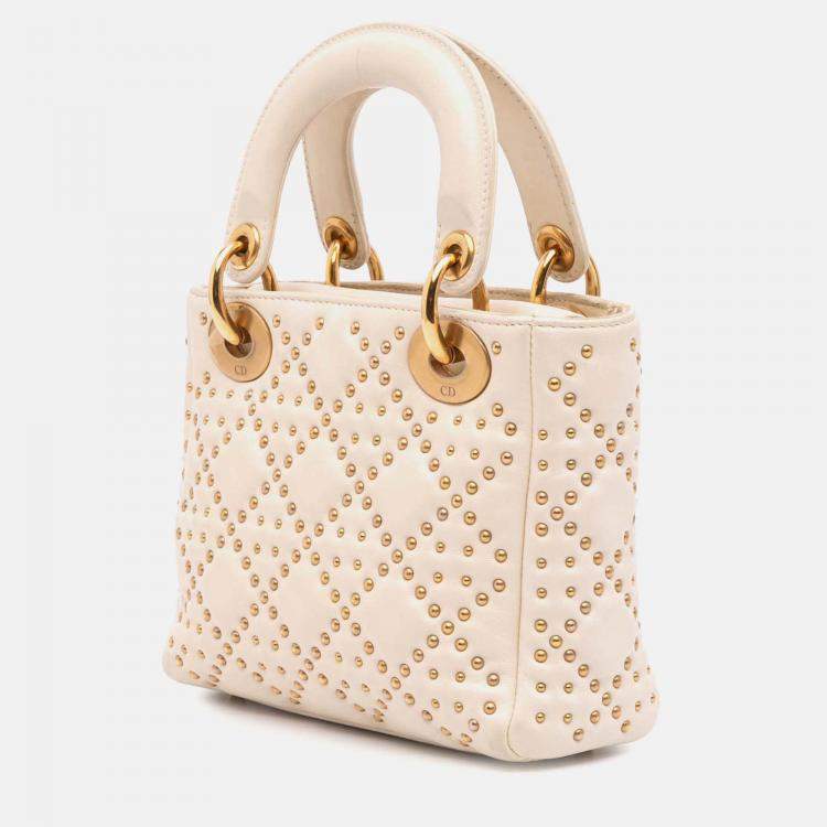 Pre Owned Dior White Mini Lambskin Cannage Studded Supple Lady Dior